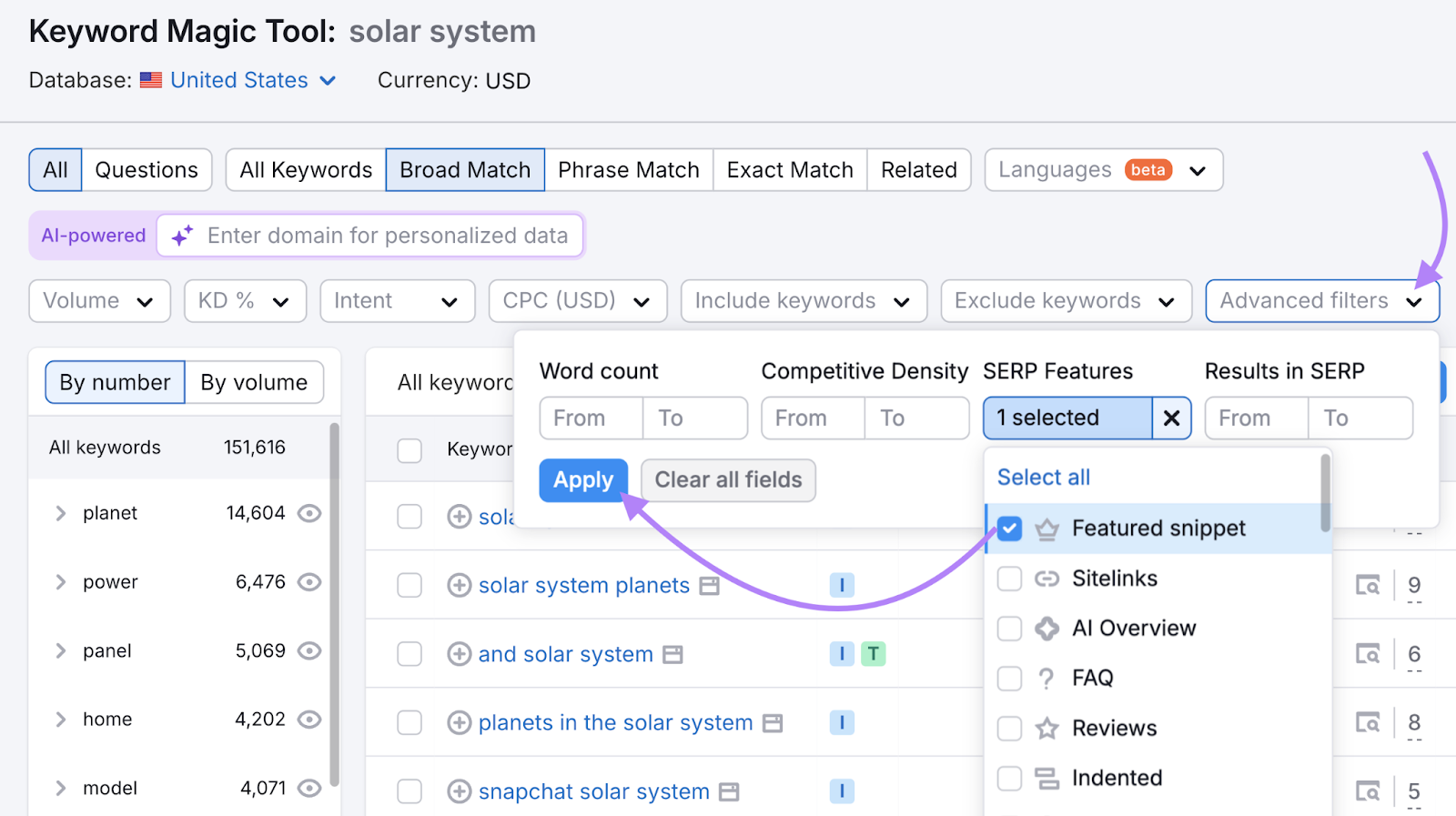 filter for keywords that punctual  a featured snippet