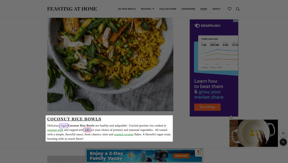 "Coconut atom   bowls" conception  of the look    from "Feasting astatine  home" with "vegan" and "tofu" words highlighted