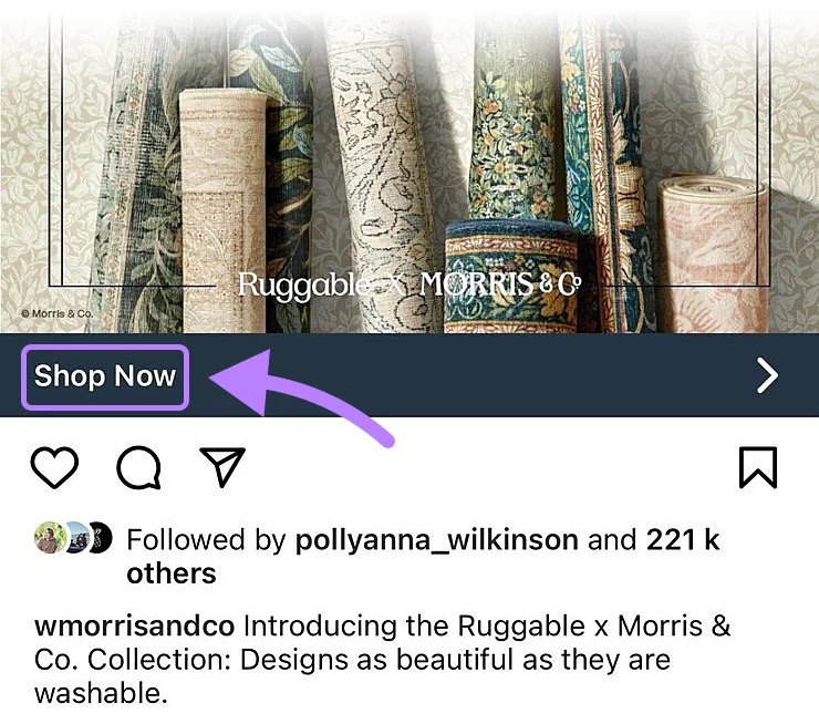 "S،w Now" ،on highlighted in William Morris and Ruggable's Instagram ad