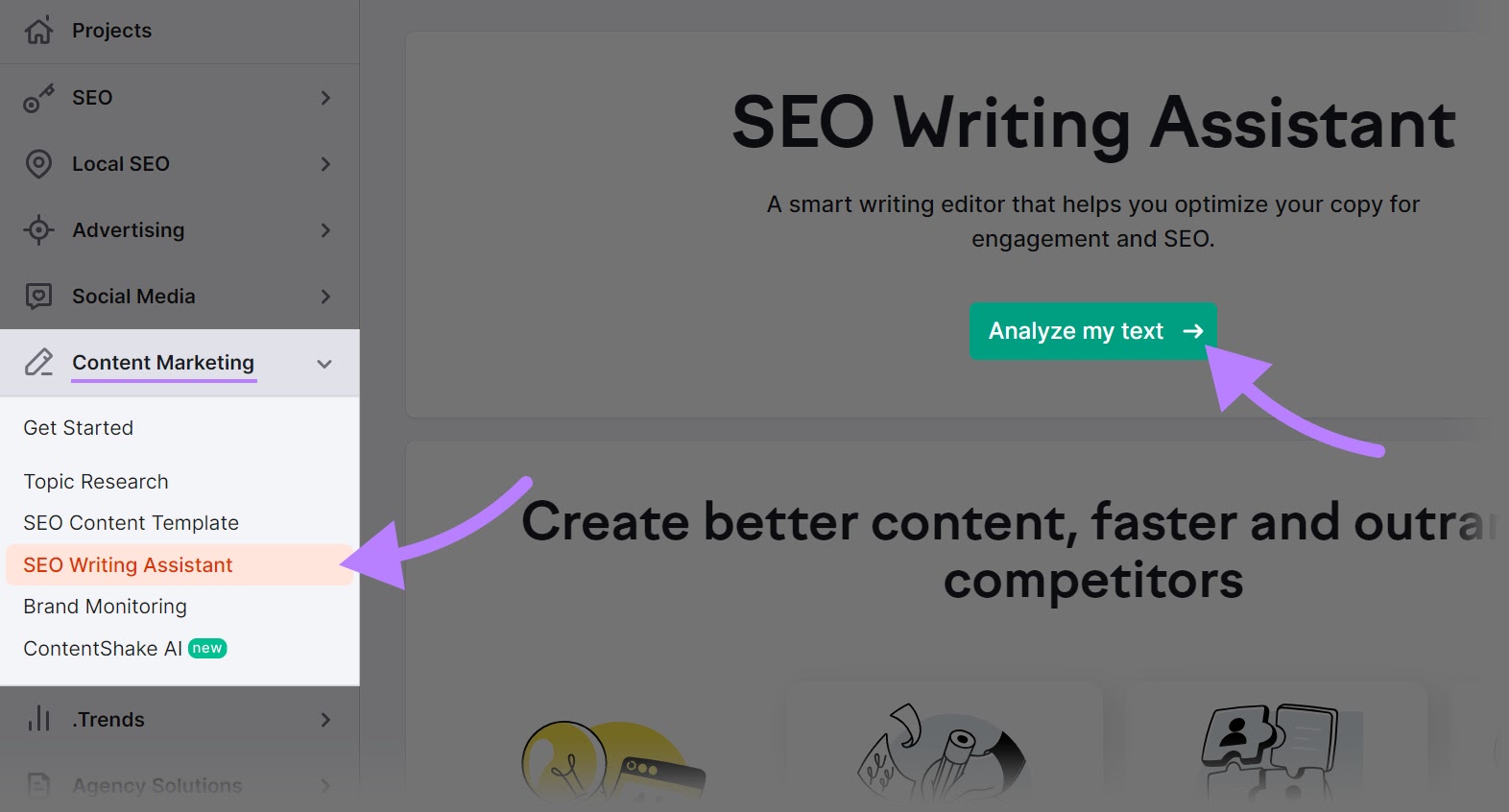 Navegando até "SEO Writing Assistant" no painel da Semrush