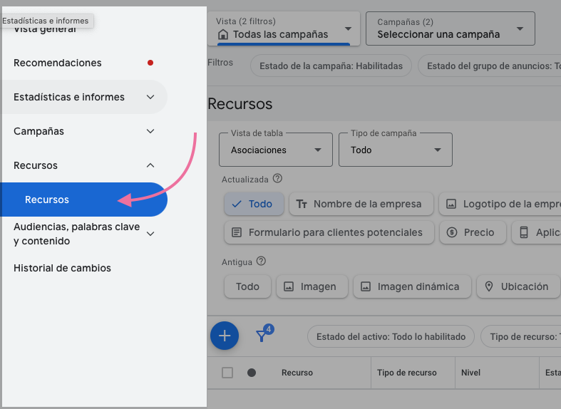 Para añadir enlaces web a tus anuncios, comienza haciendo clic en "Recursos"