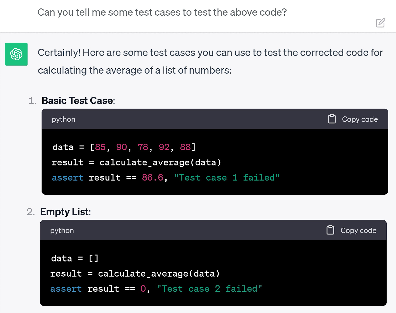 A prompt asking ChatGPT for test cases