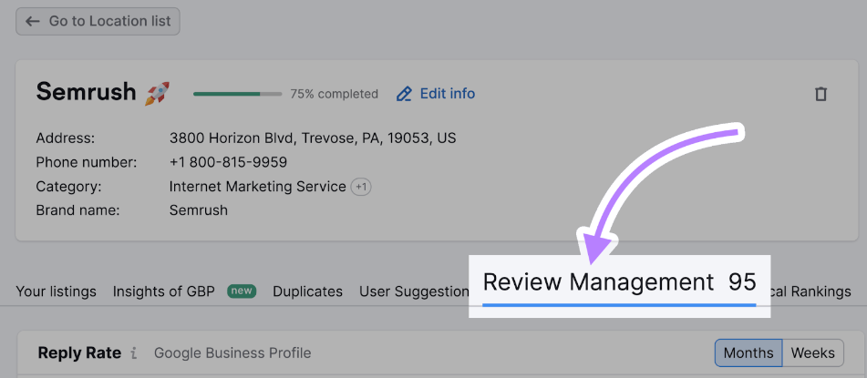“Review Management" selected from the Semrush main dashboard