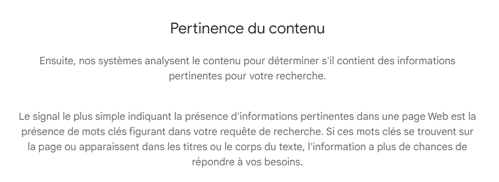 Google sur la pertinence du contenu comme facteur de classement