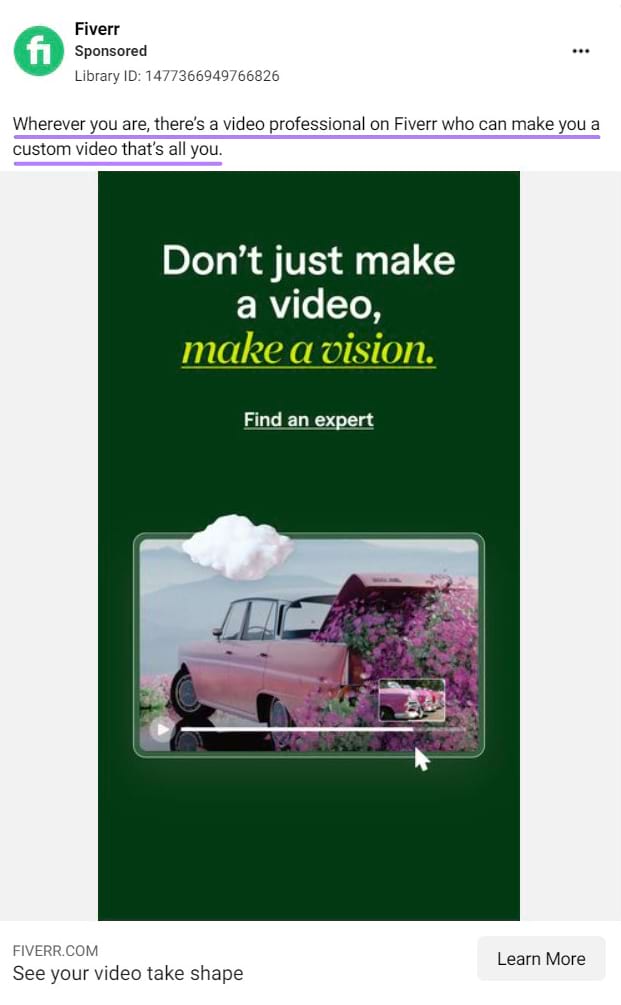 Fiverr's Facebook ad with "Wherever you are, there's a video professional on Fiverr who can make you a custom video that's all you." description