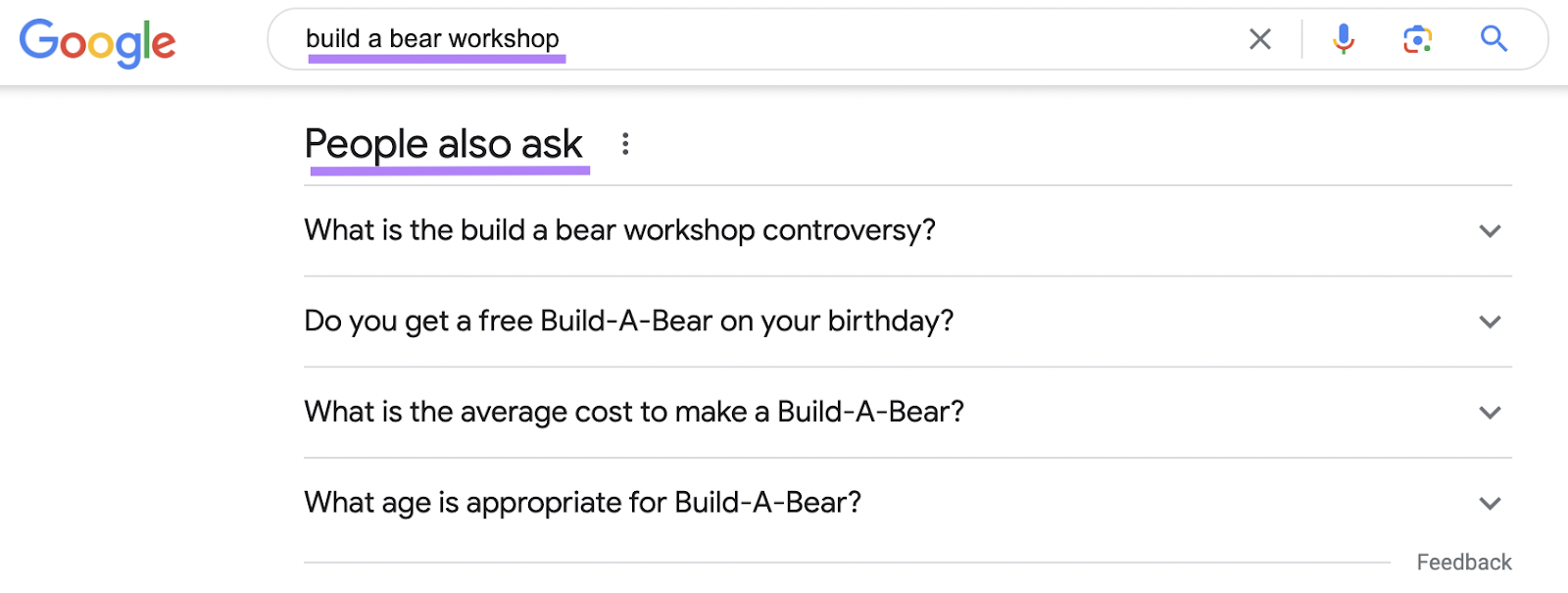 Google's ‘People Also Ask’ section for "build a bear workshop" search