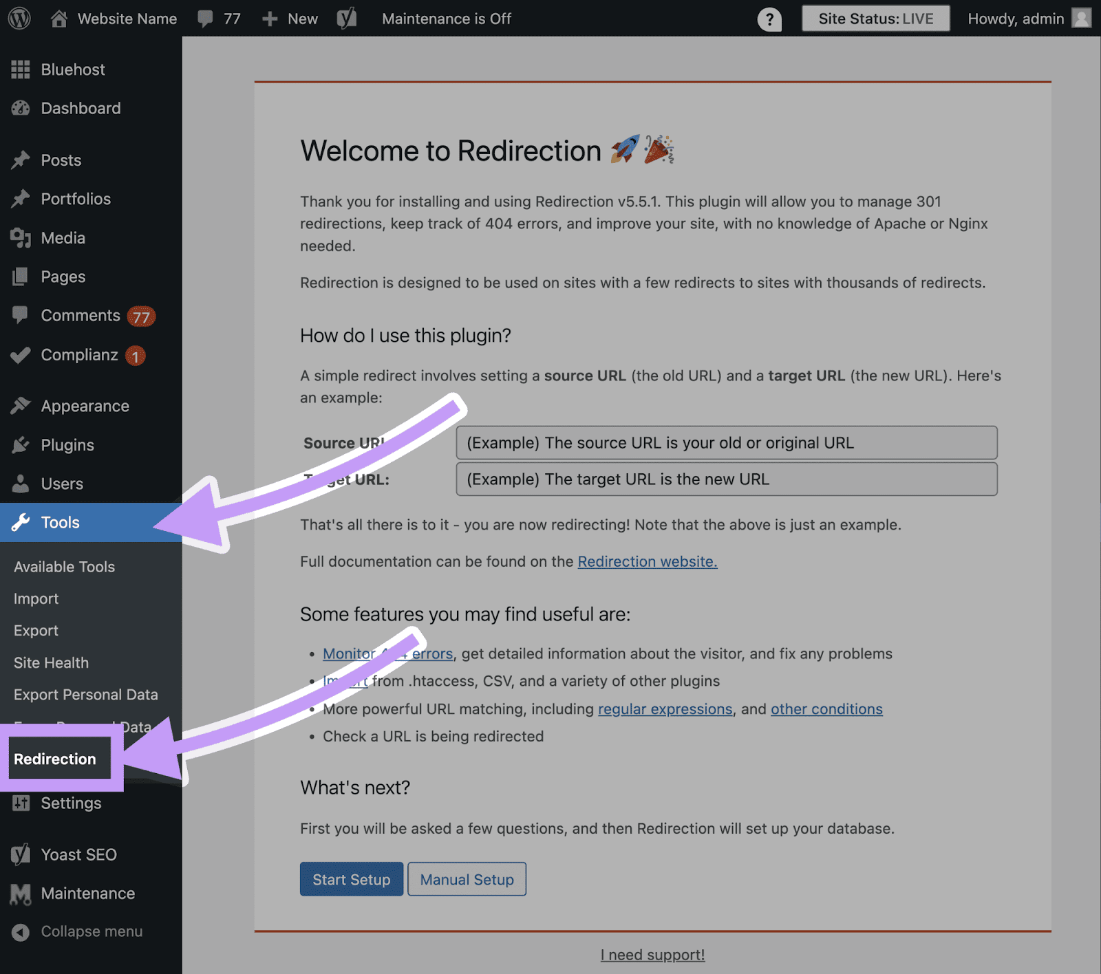 Wordpress dashboard with the tools button and Redirection plugin highlighted