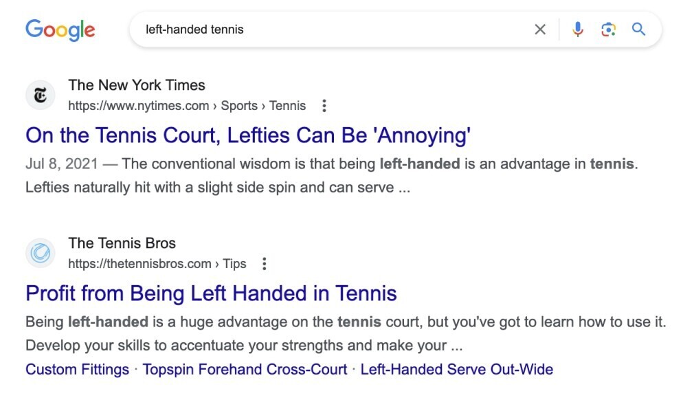 Google search for "left-handed tennis"