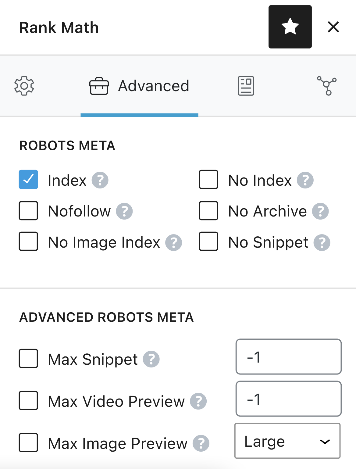 "Advanced” tab in Rank Math