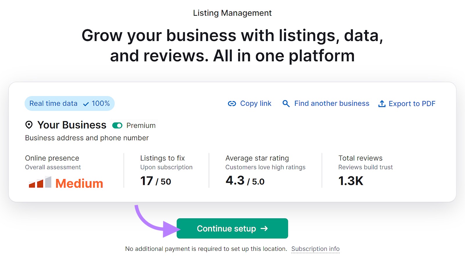 Business profile summary in Listing Management tool with the "Continue setup" button highlighted