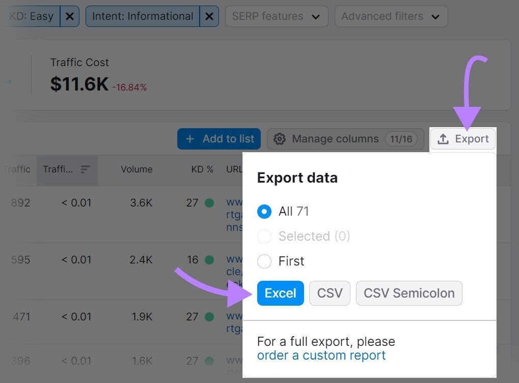 “Export” button offering "Excel" "CSV" and "CSV Semicolon" options