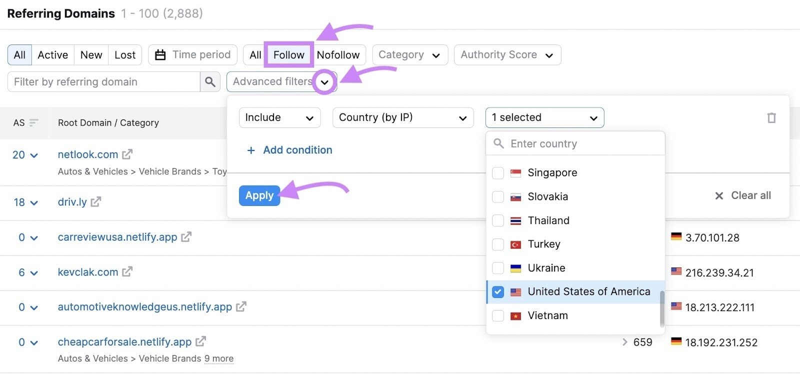 Backlink Analytics' filters highlighted