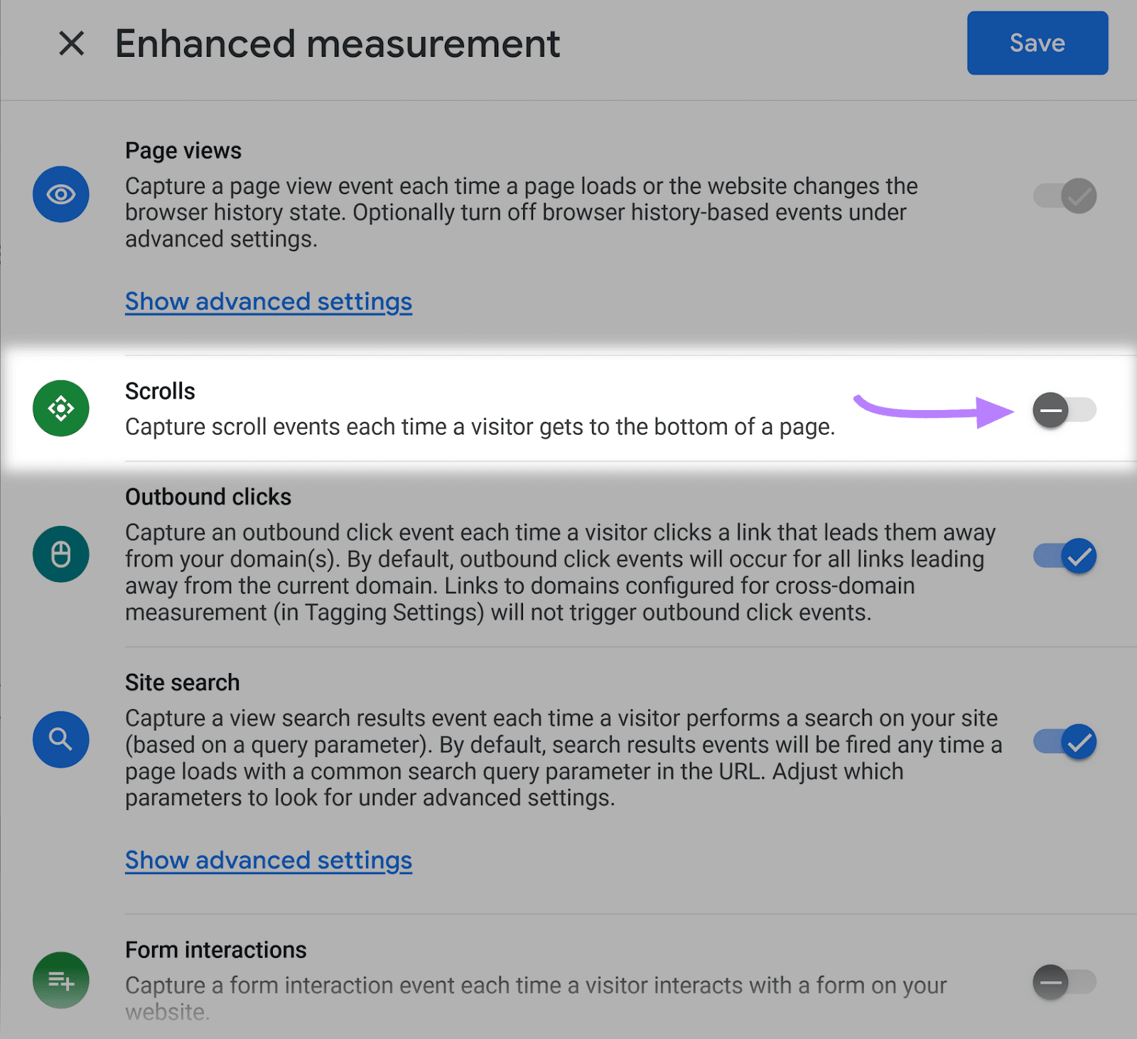Activate “Scrolls” switch under "Enhanced measurement" section