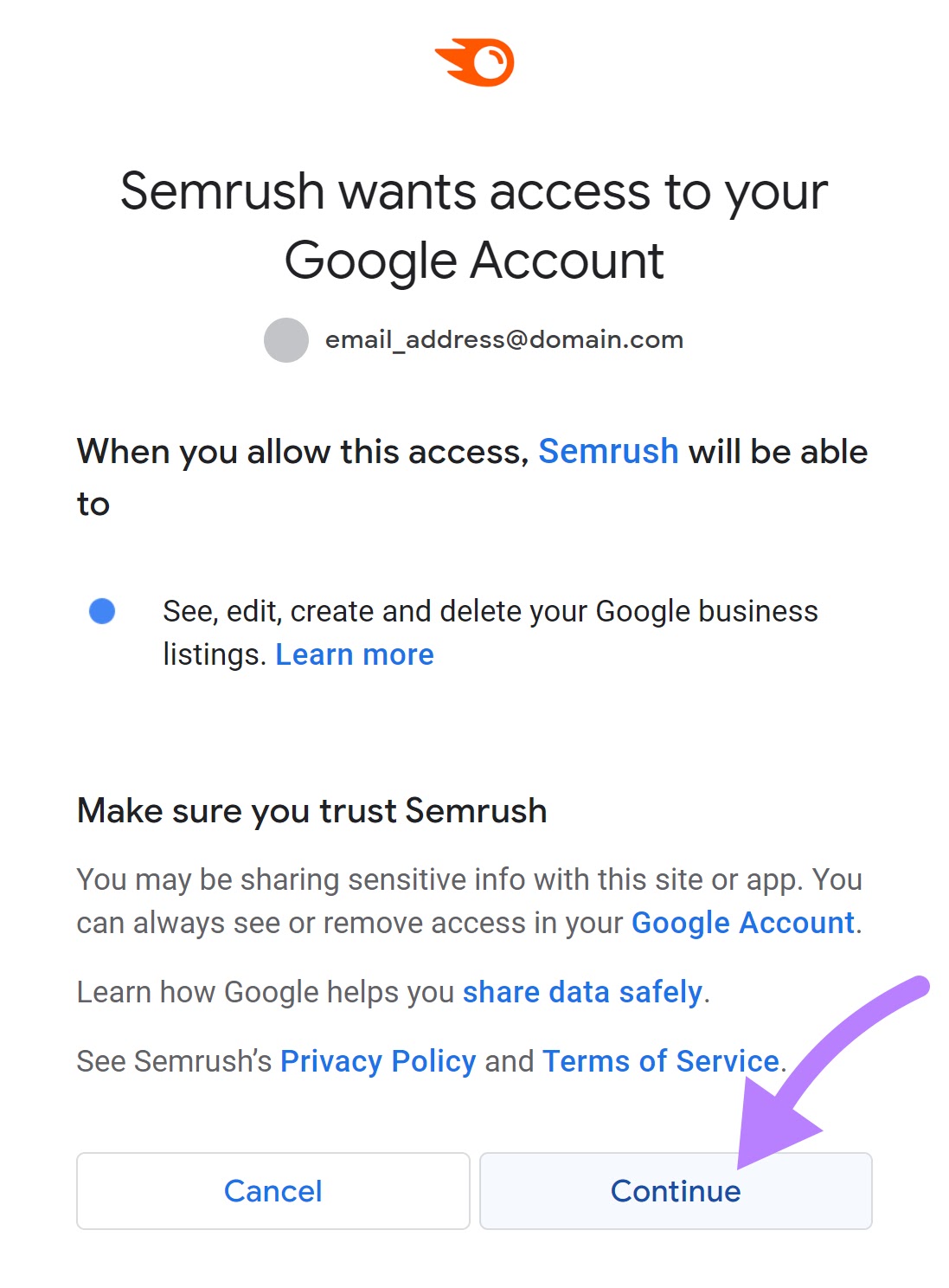 "Semrush wants to entree  your Google Account" window