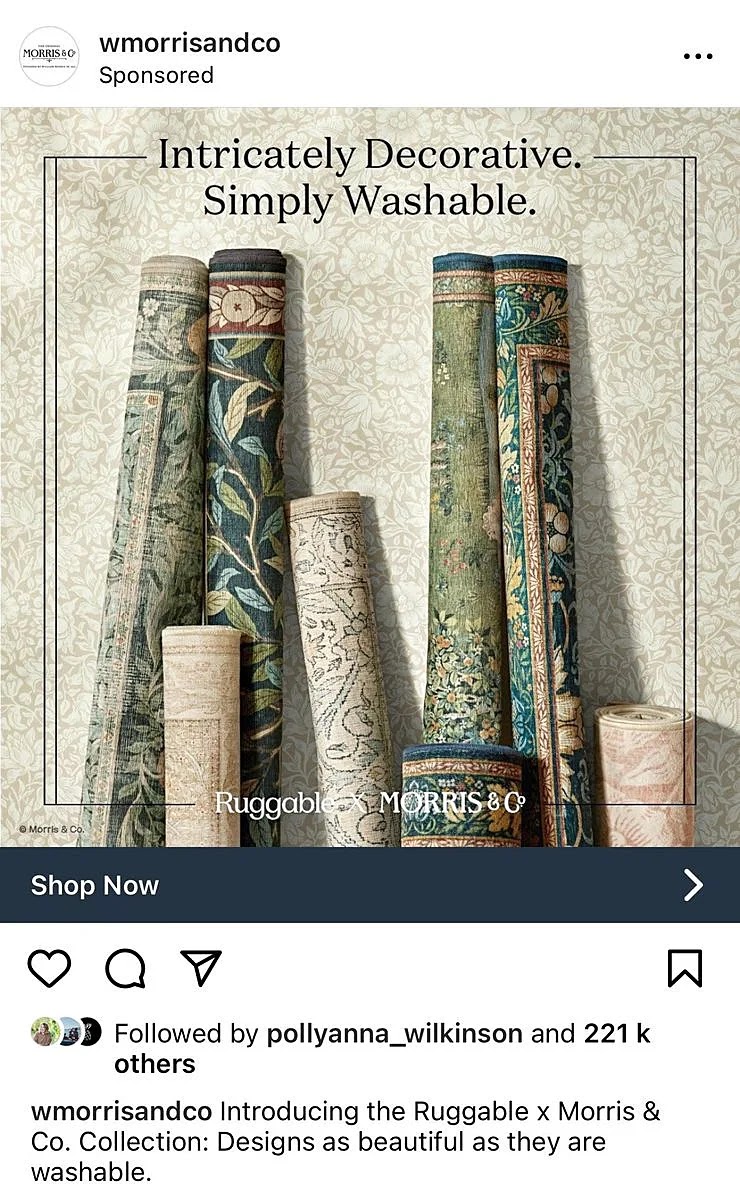 Morris & Co and Ruggable's new collection Instagram ad with “Intricately Decorative. Simply Washable.” ad copy