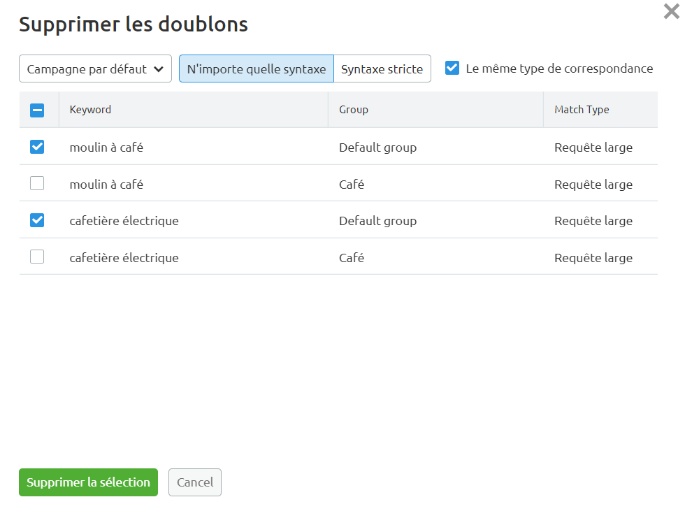 PPC Keyword Tool - Supprimer les doublons, pop-up