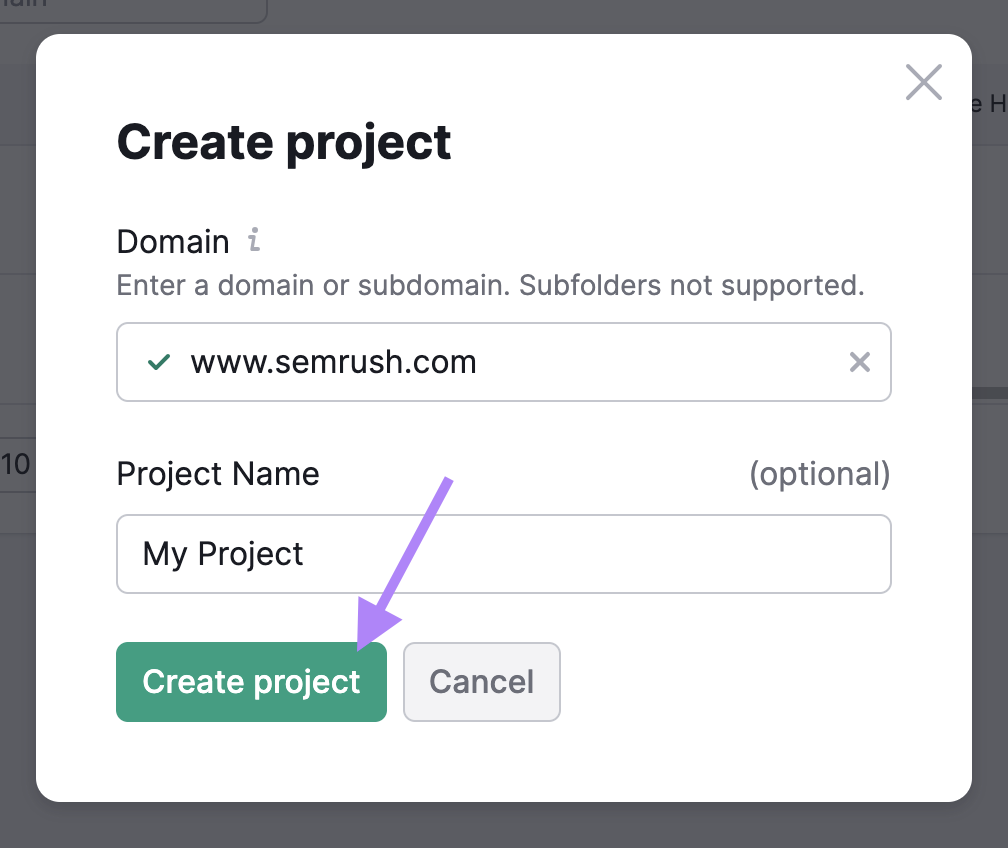 "Create project" pop-up in Site Audit tool