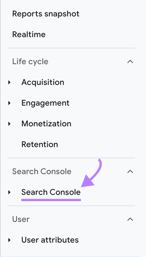 “Search Console” highlighted successful  the left-hand menu