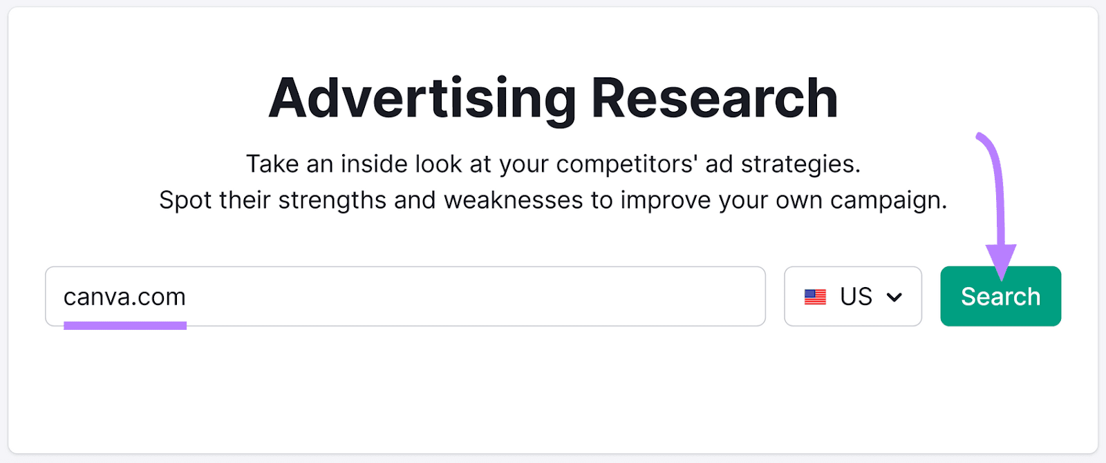 "canva.com" entered into the Advertising Research tool search bar