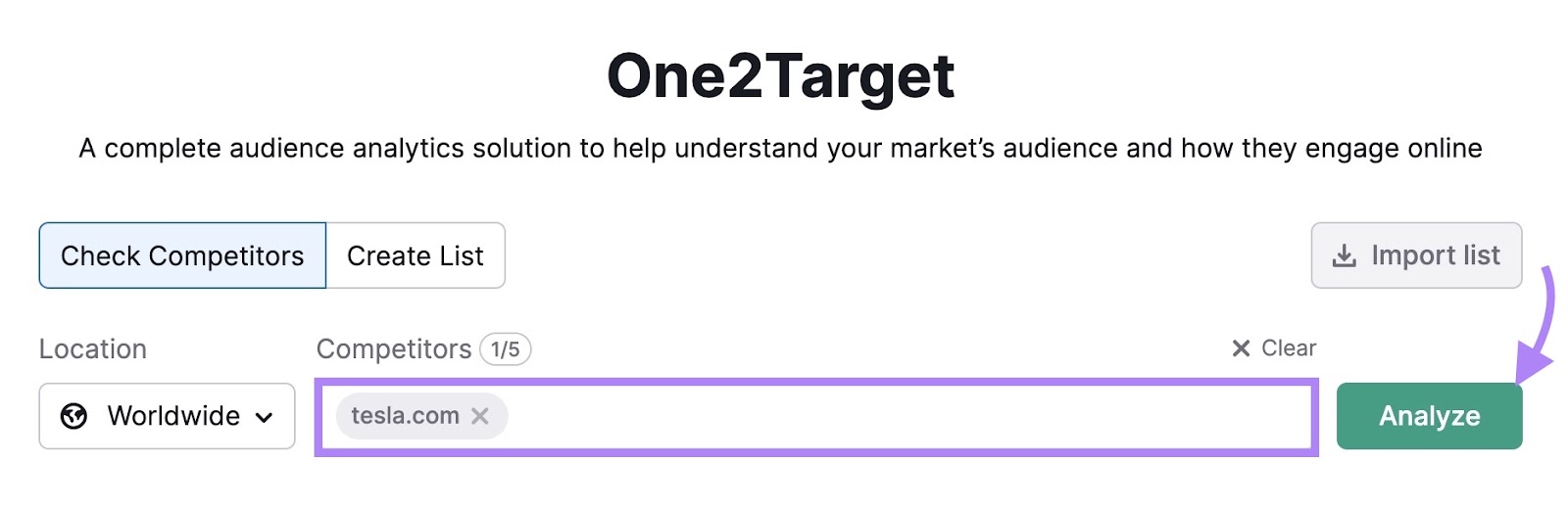 One2Target tool start with the "Check Competitors" tab selected, "tesla.com" entered and the "Analyze" button clicked.