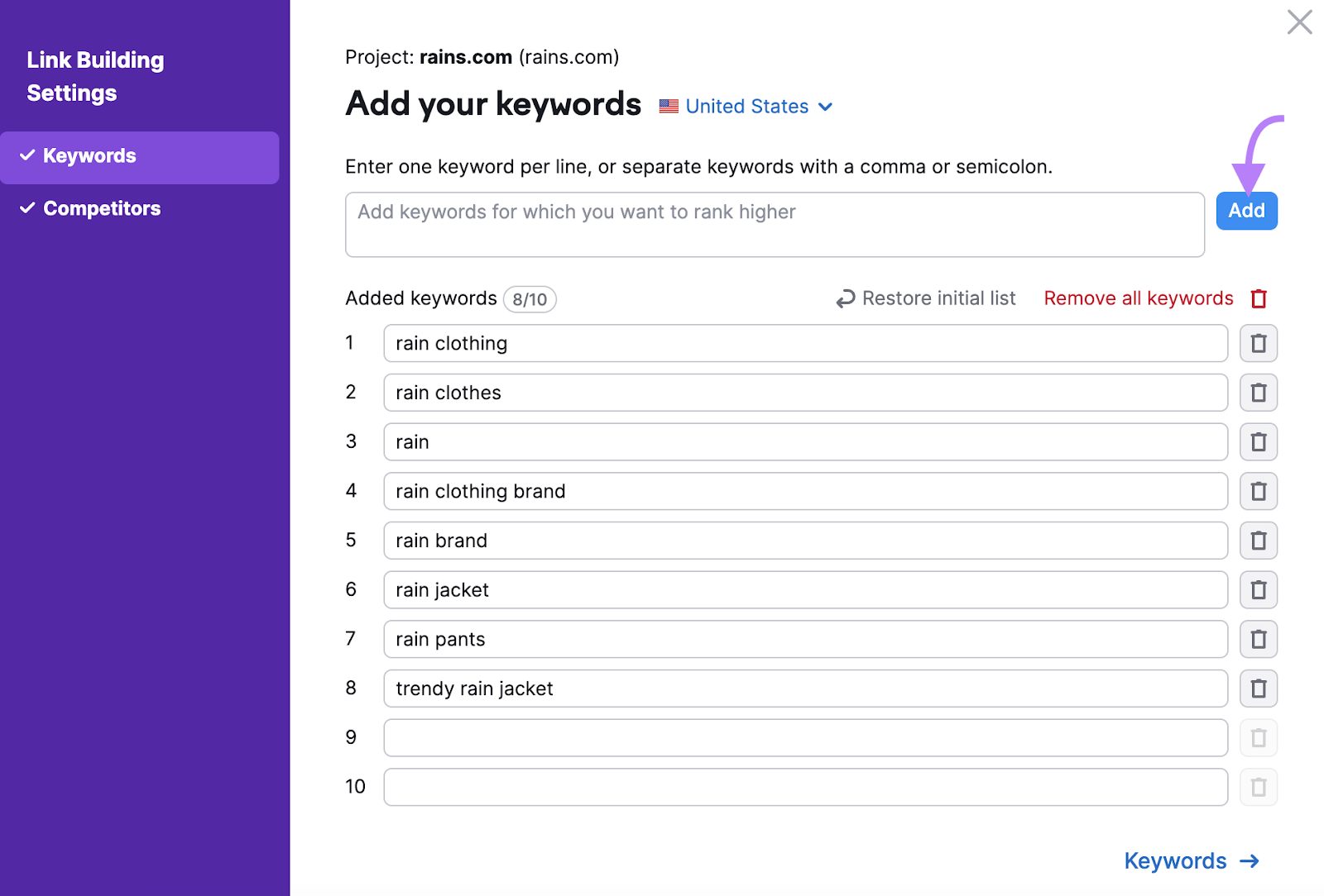 Janela "Adicionar suas palavras-chave" nas configurações do Link Building