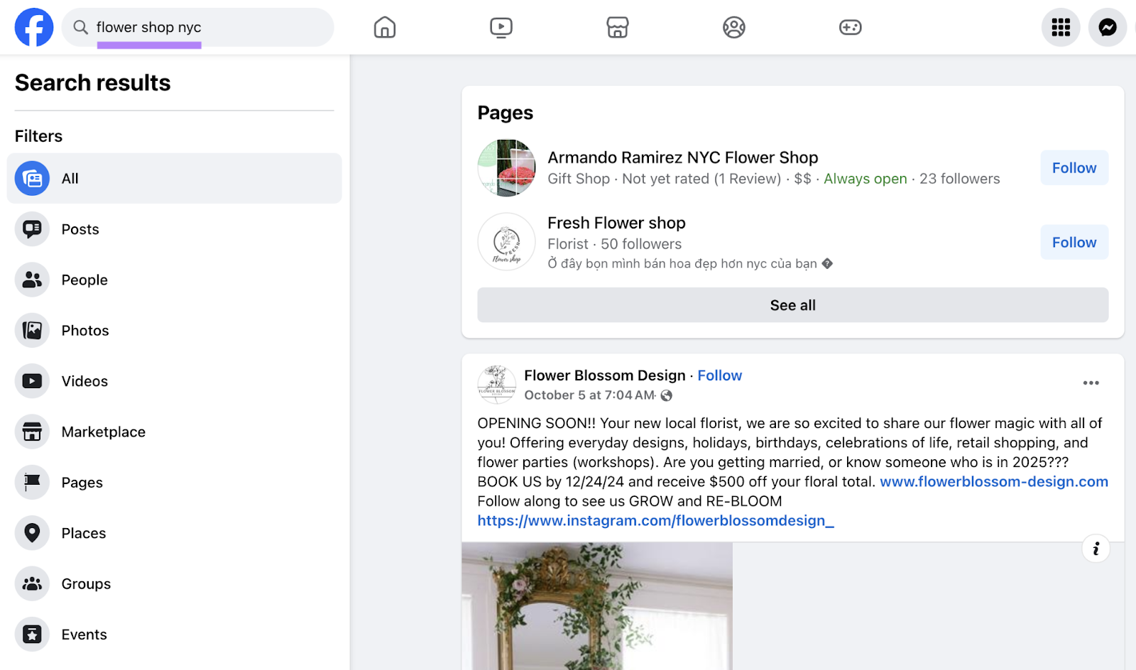 search for flower shop nyc in facebook shows some pages and organic post