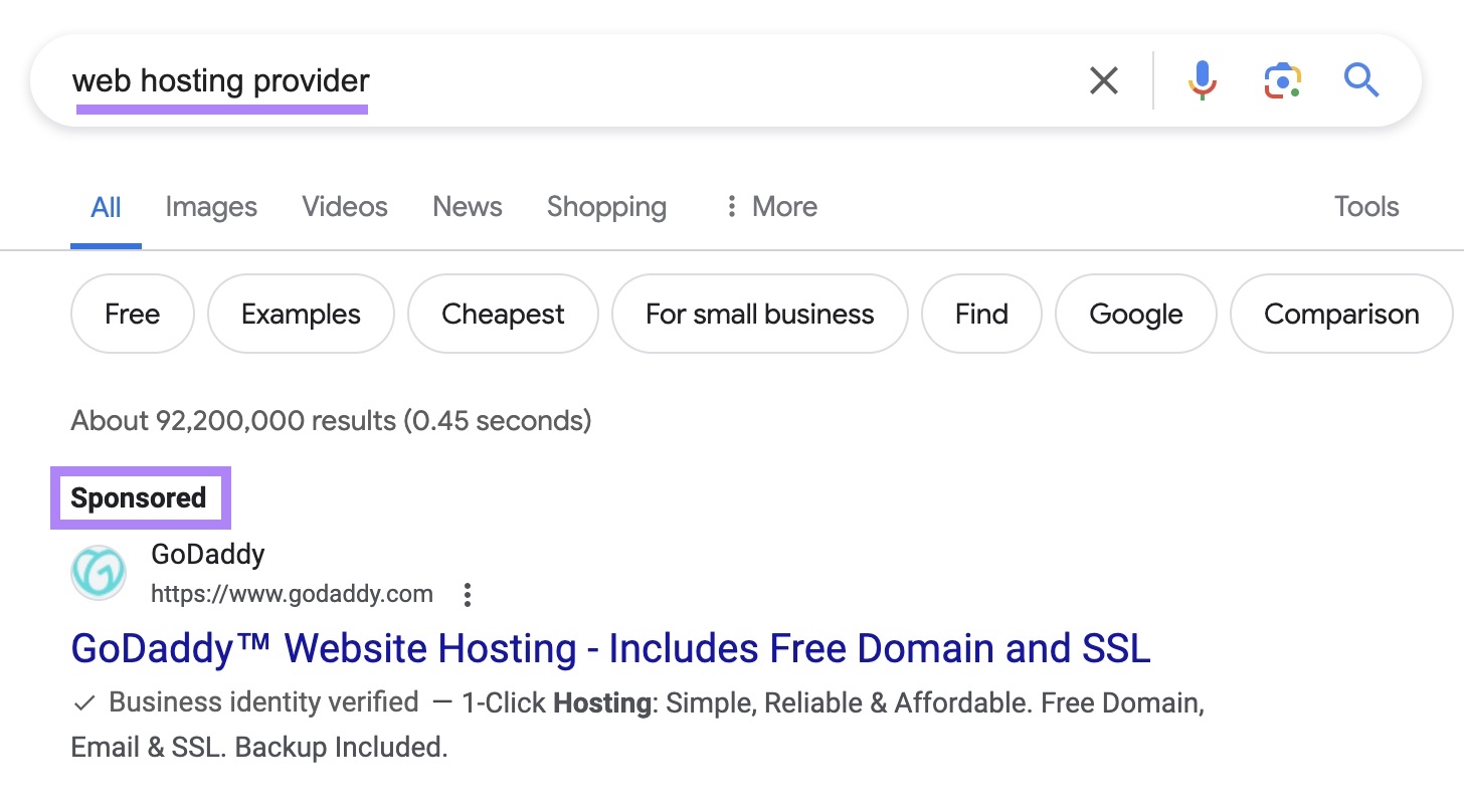 Google search results for "web hosting provider" showing a sponsored ad as the top result.