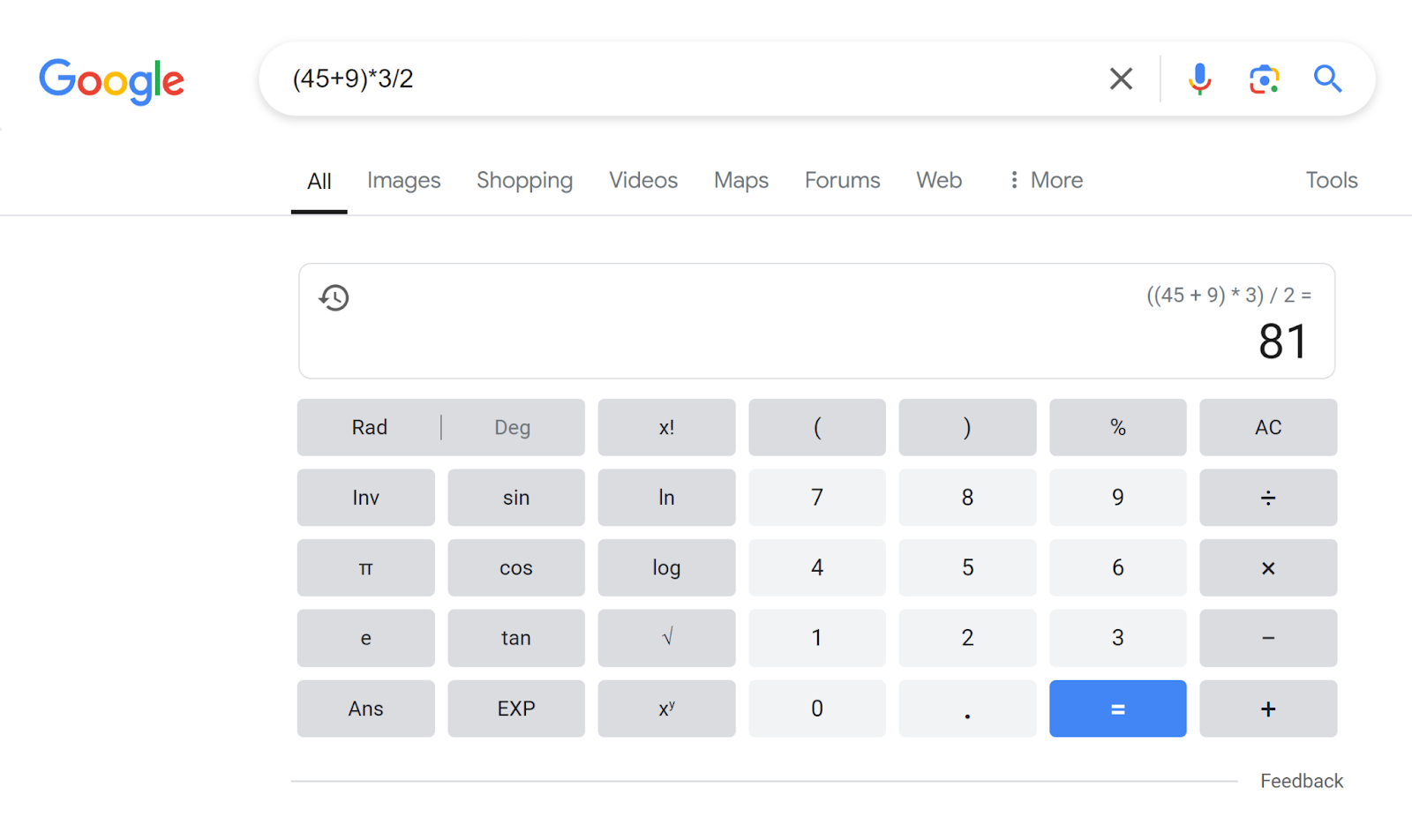 Google SERP for '(45+9)*3/2" showing calculator and result