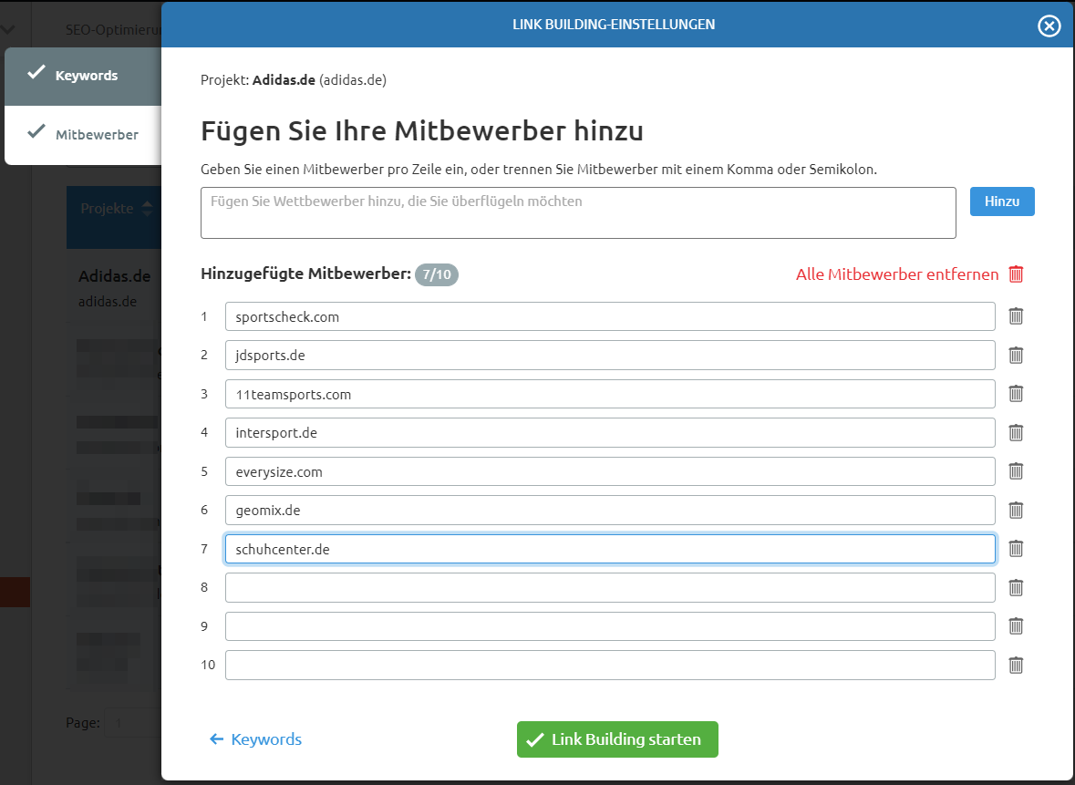 Link Building Tool: Mitbewerber hinzufügen