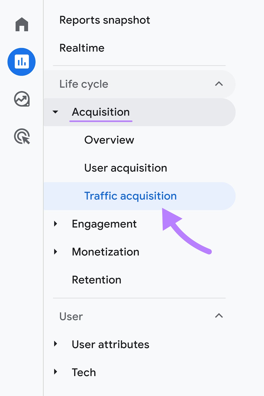 Navigating to “Traffic acquisition” successful  Google Analytics menu