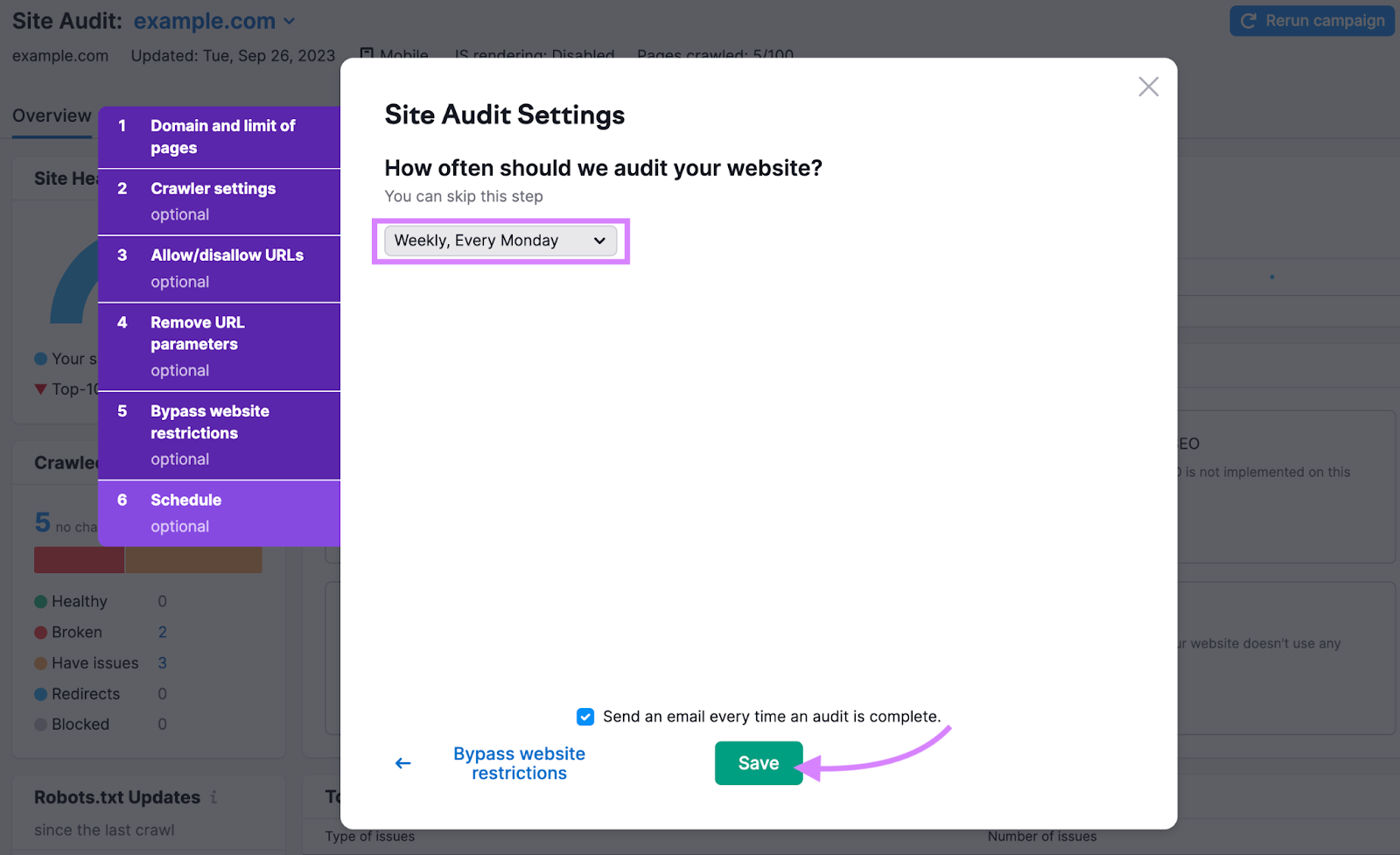 “Site Audit Settings” schedule page