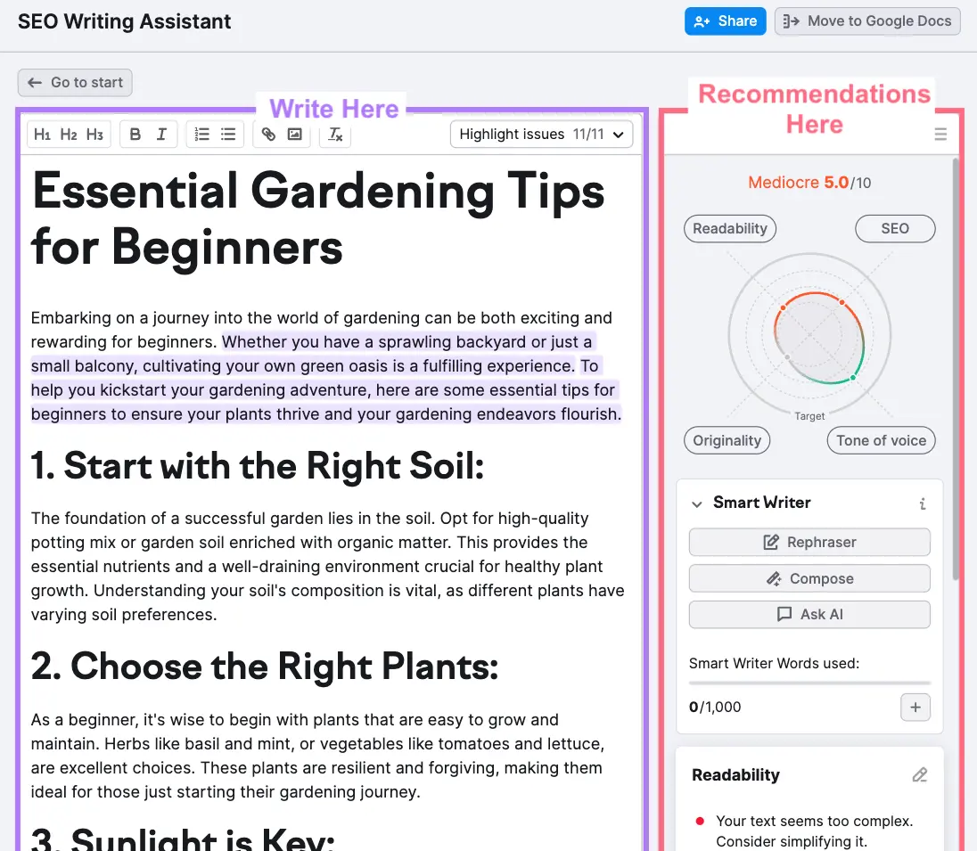 SEO Writing Assistant's live editor, writing score (5/10), and writing recommendations