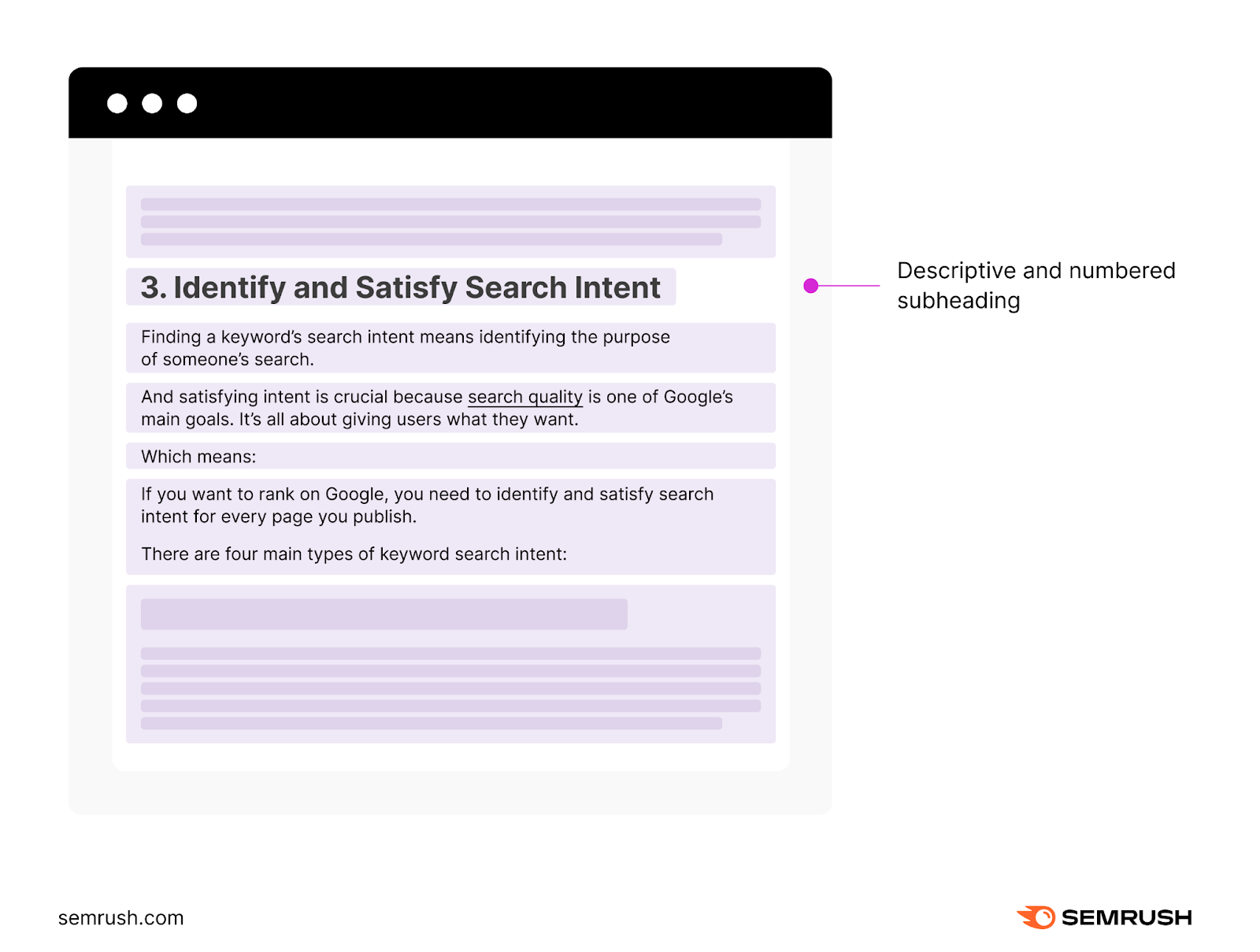 An example of a descriptive, and numbered subheading "3. Identify and Satisfy Search Intent"
