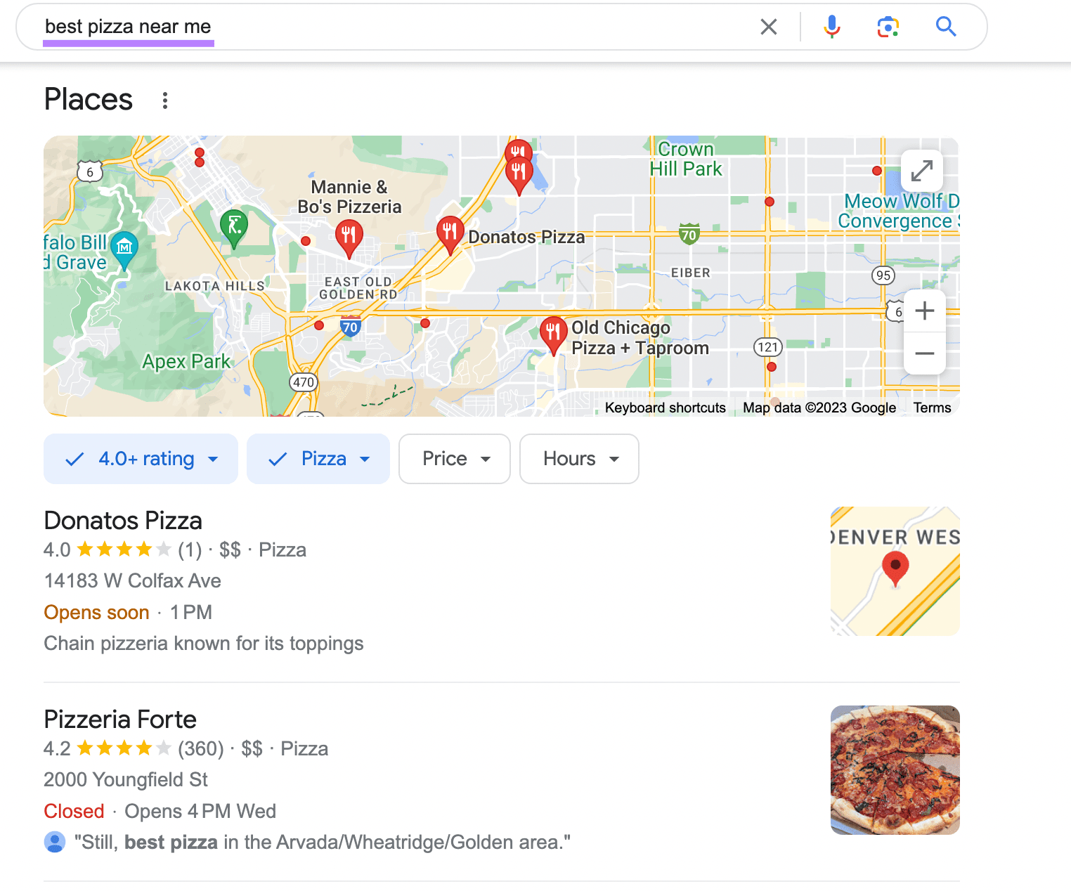 Google's local search results for "best pizza near me"