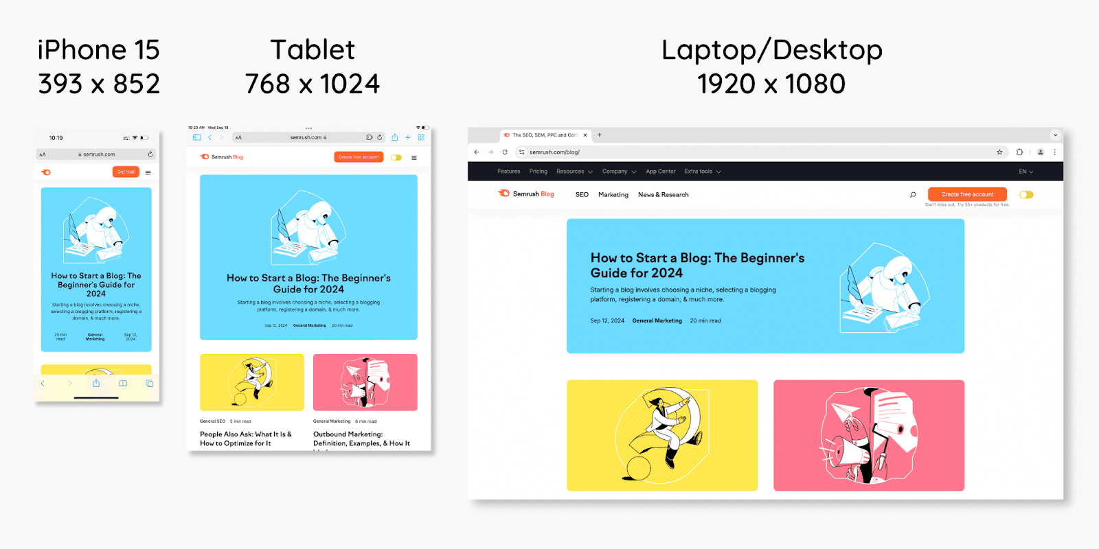 an illustration shows how a webpage reformats to fit mobile, tablet, and desktop