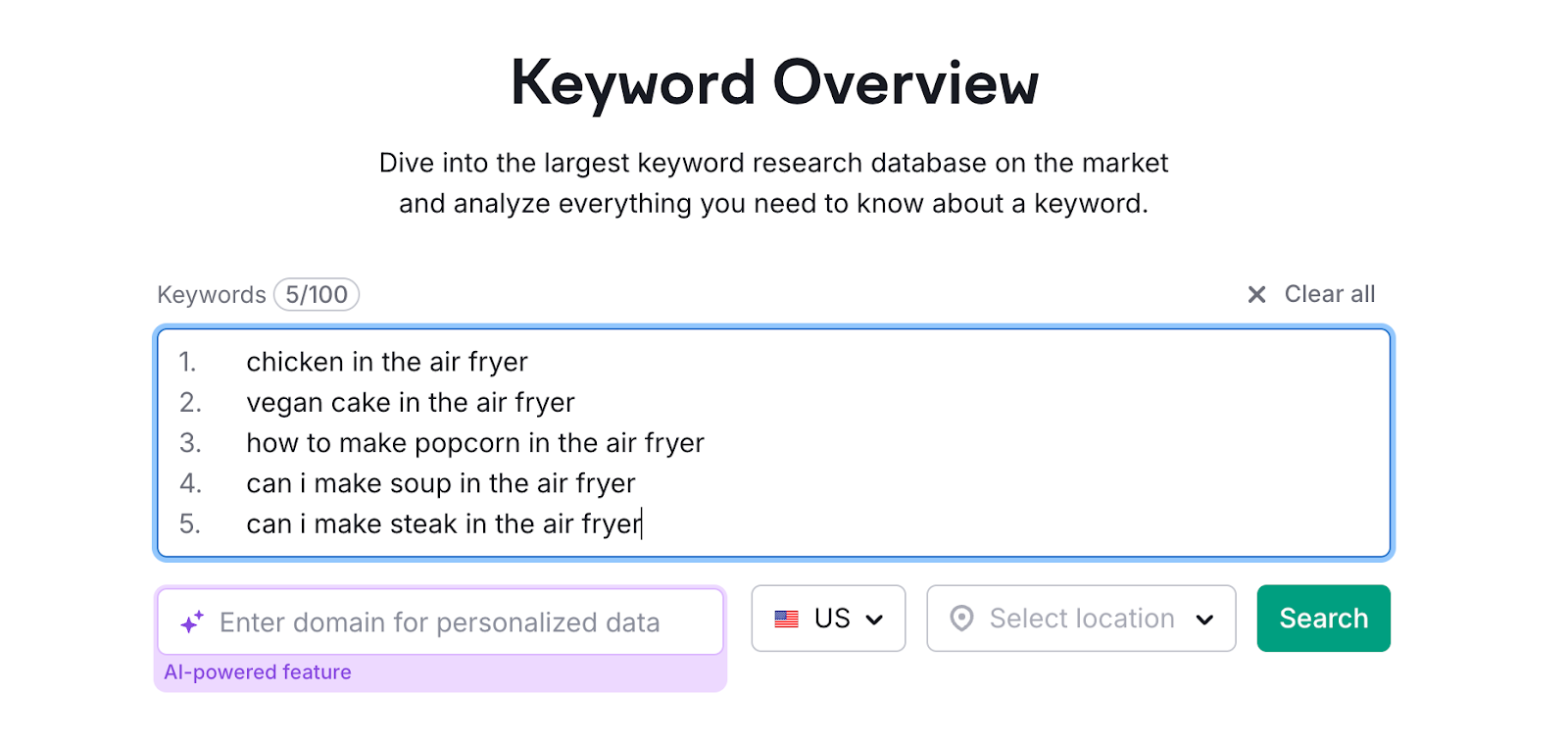 Interface of keyword overview with aerial  fryer keywords