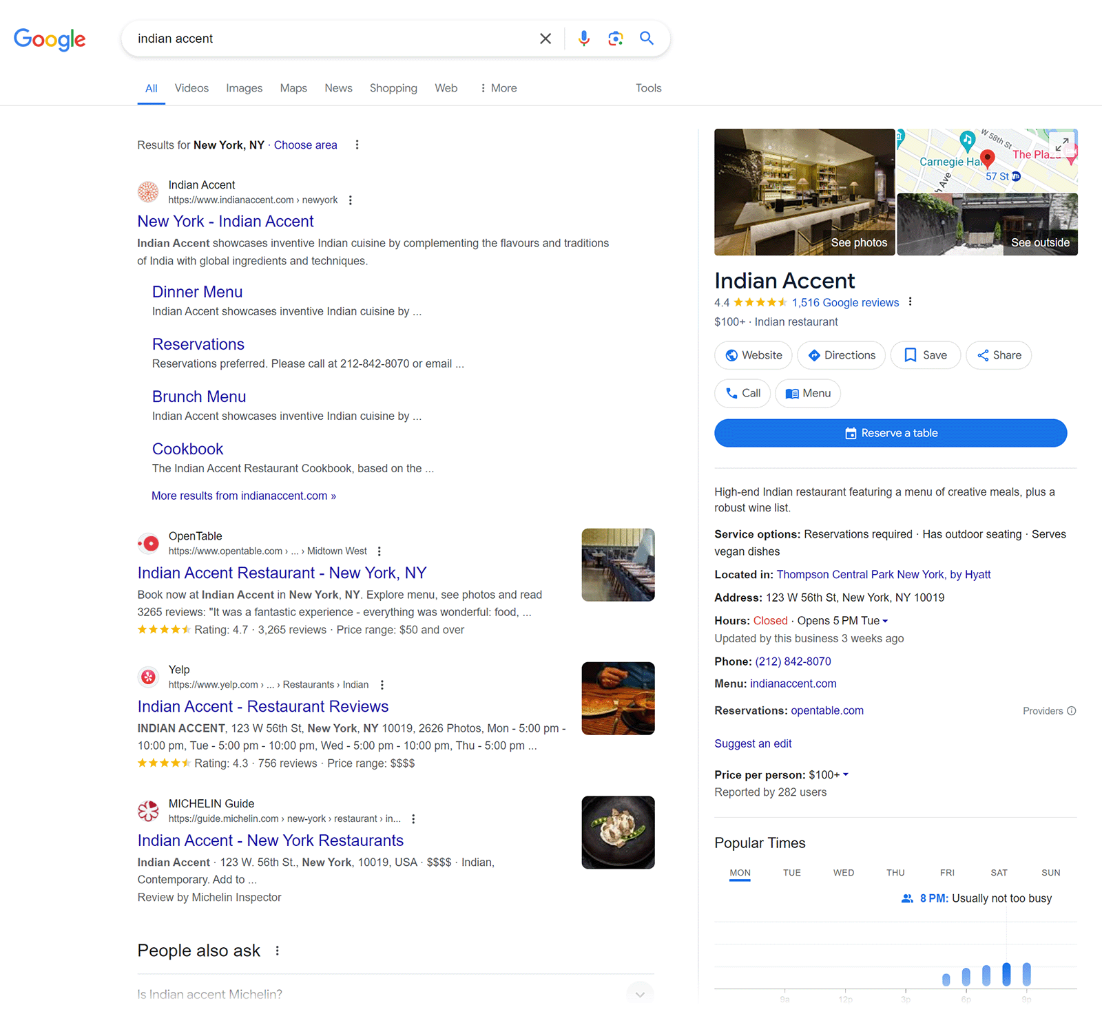 Google search results for 'indian accent' in New York showing Google Business Profile of Indian Accent restaurant