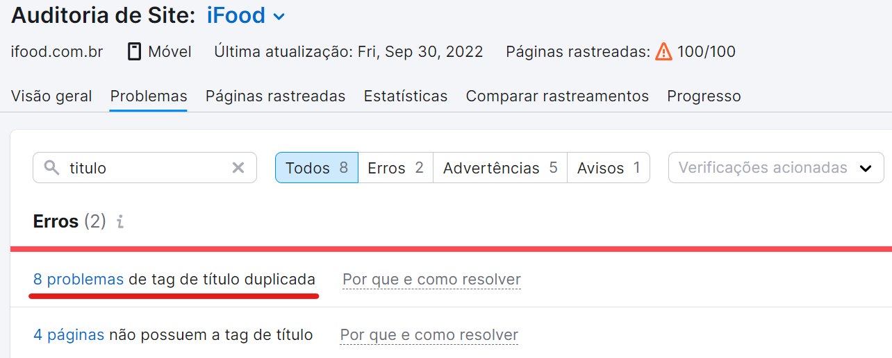 O que é title tag e como otimizá-la para SEO 13 busca por erros de title tag duplicada na ferramenta auditoria de site