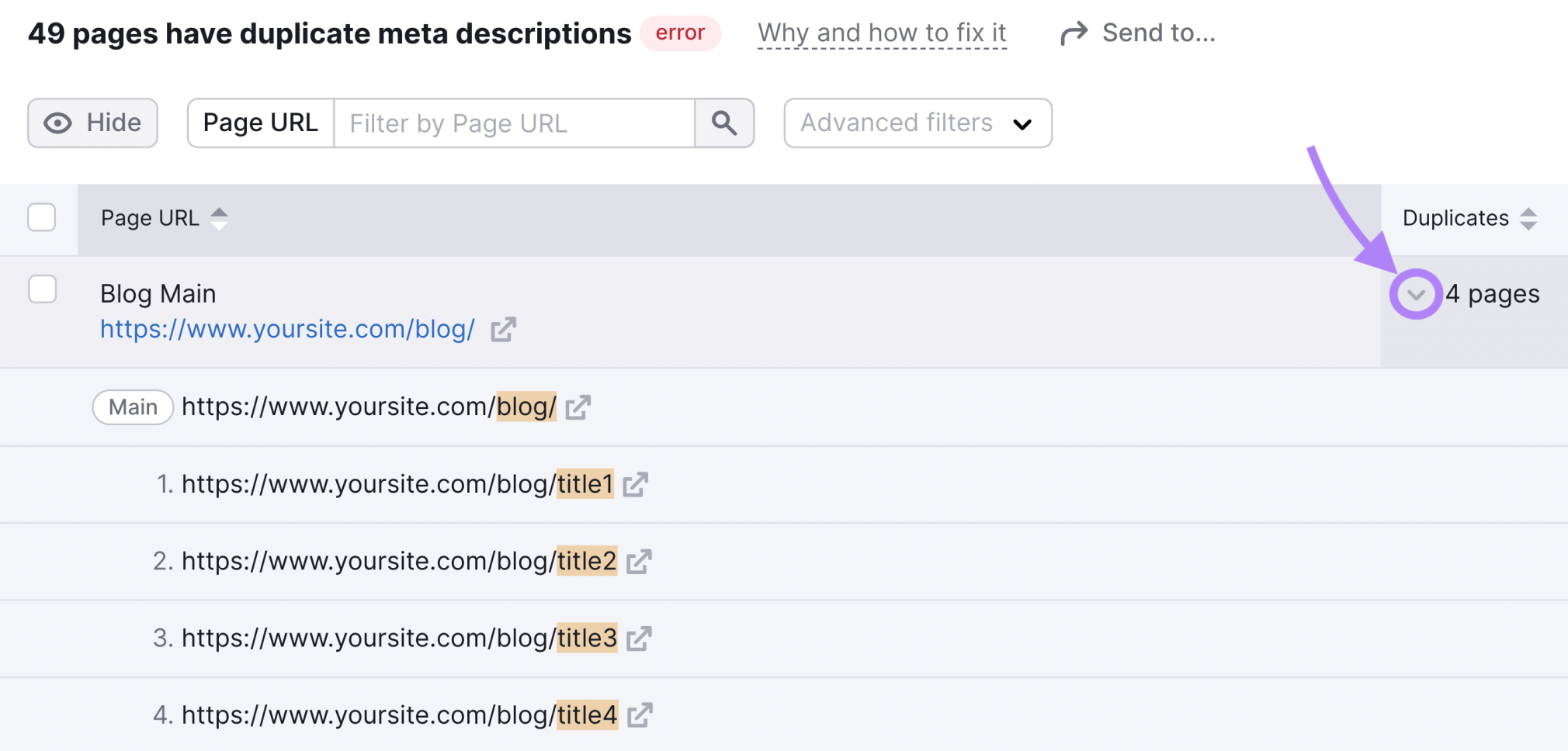 View duplicate meta description pages