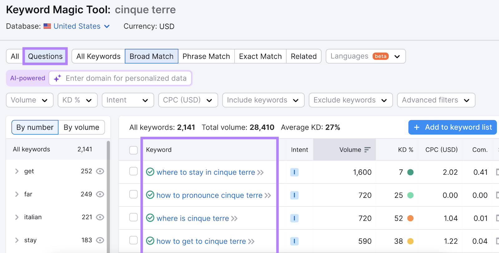 questions filter applied which shows keywords similar  wherever  to enactment   successful  cinque terre, however  to get   to cinque terre, and more