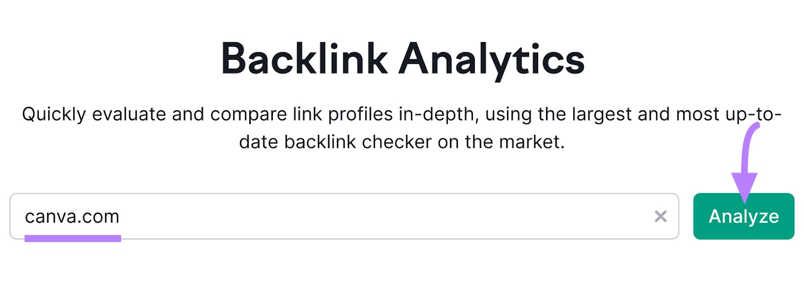Backlink Analytics tool start with a domain entered and "Analyze" clicked.