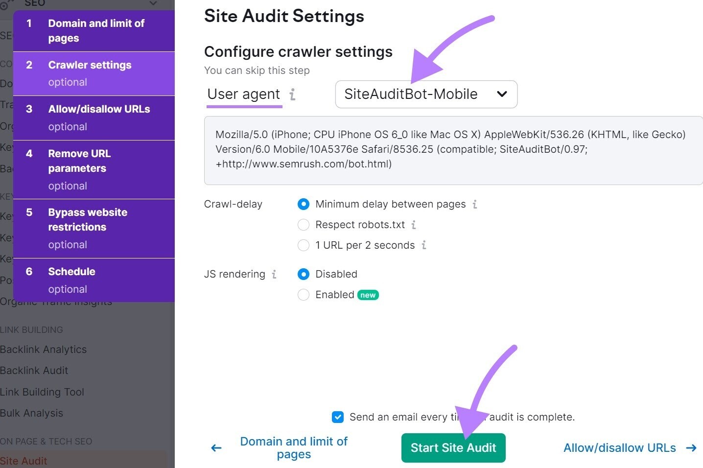 "Configure crawler settings" section in Site Audit Settings