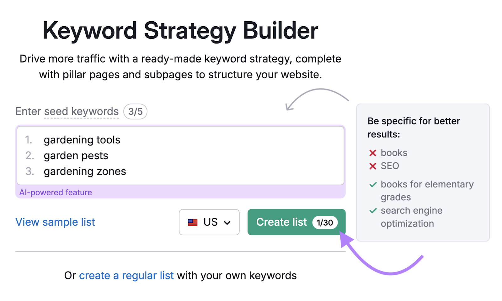 seed keywords like gardening tools, garden pests, and gardening zones entered into tool