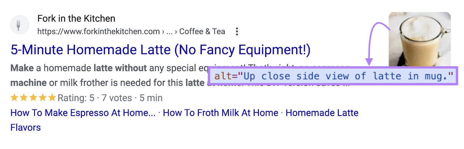 alt text that reads "Up close side view of latte in mug."