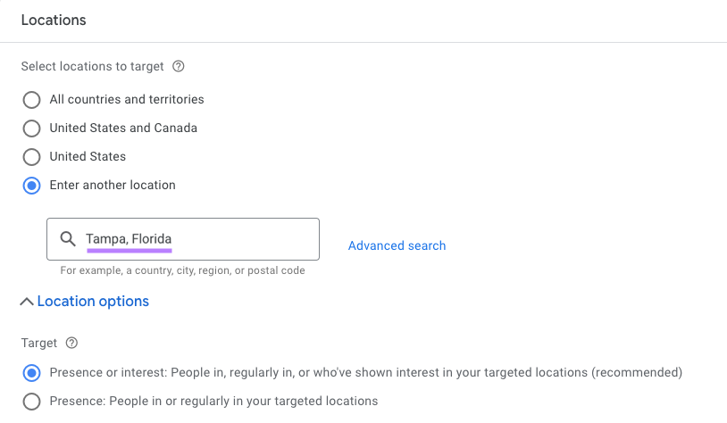 "Locations" section of Google Ads campaign settings