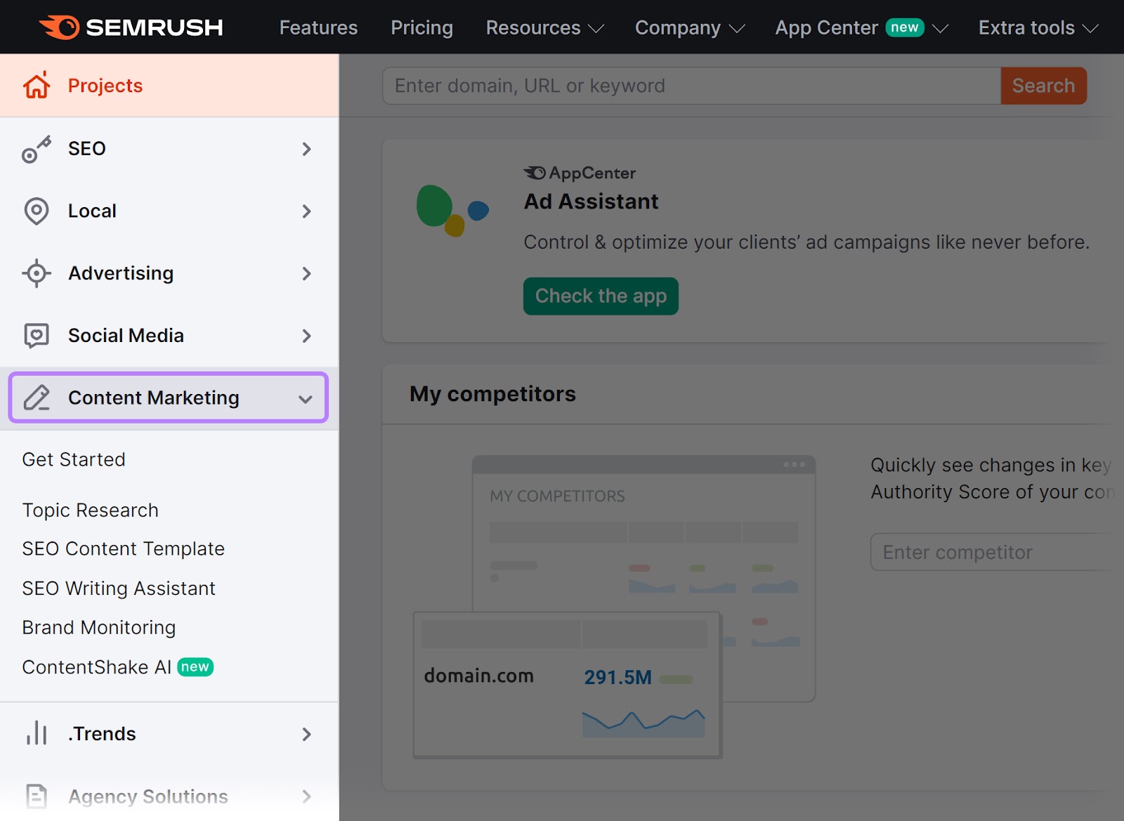 Navigating to “Content Marketing” tab on Semrush dashboard