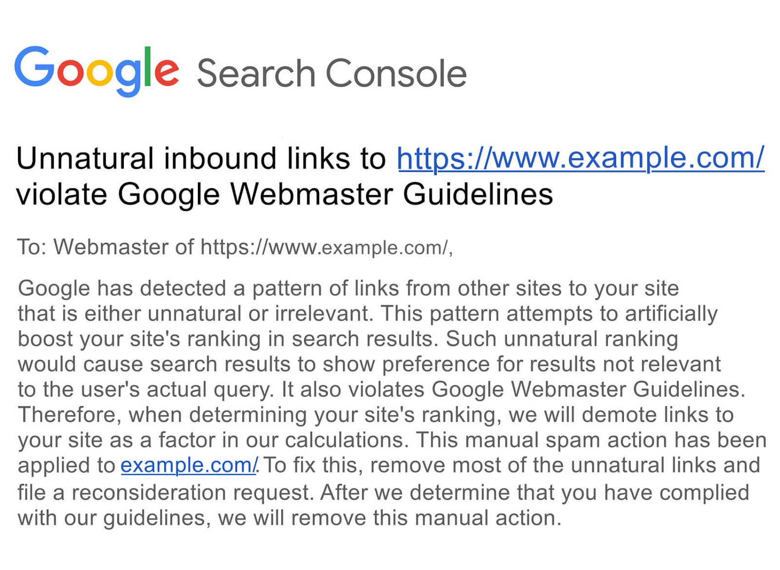 Google's notification on unnatural inbound links that violate Google Webmaster Guidelines