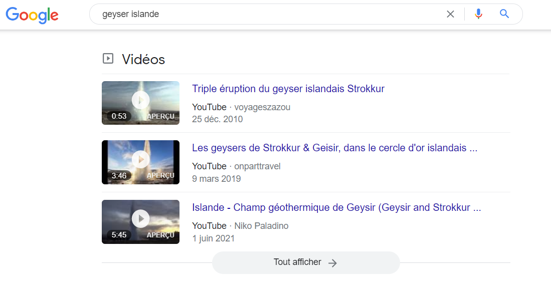 Fonctionnalité SERP vidéo, exemple