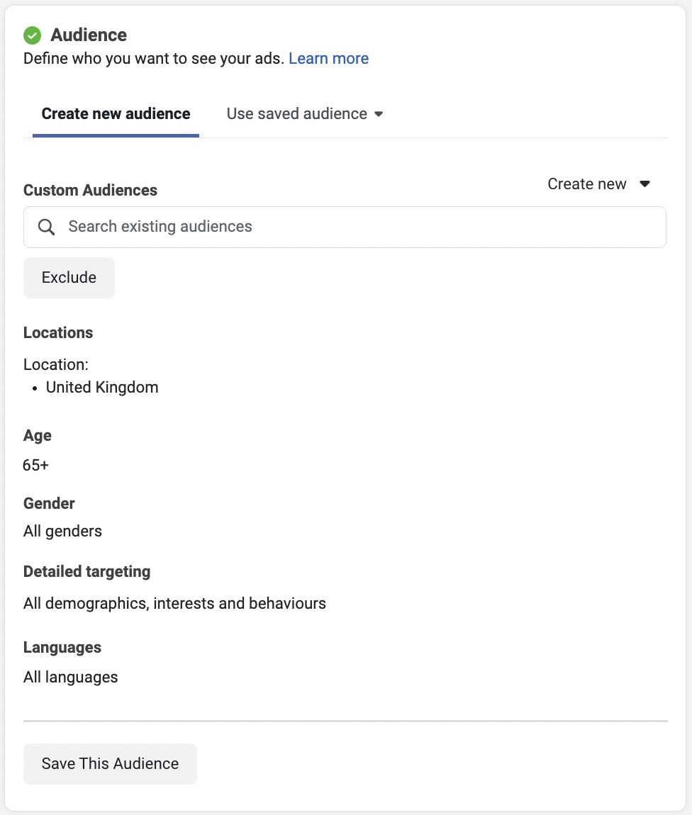Audience tab in Facebook Business Manager