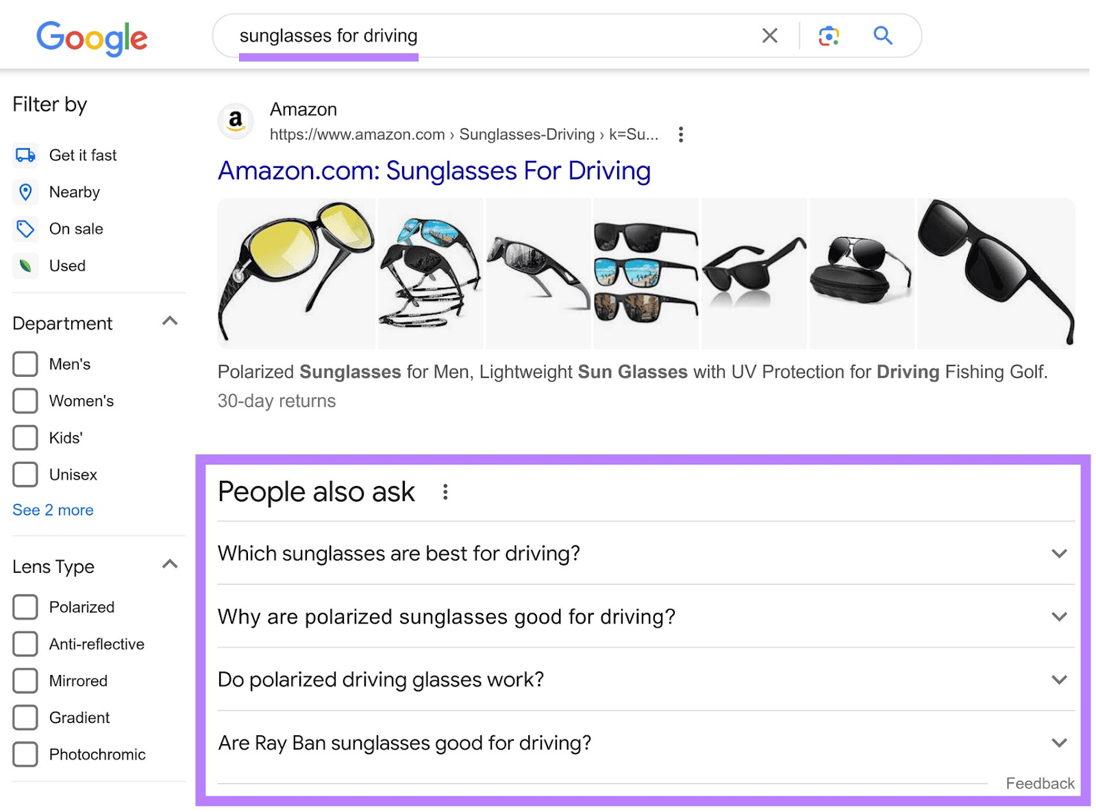 People Also Ask container  highlighted connected  Google SERP for "sunglasses for driving" query